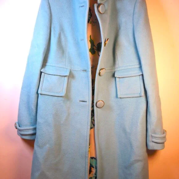 Vintage Banana Republic Full Length Wool Coat Lt Blue w/Floral Lining Epaulets - Picture 3 of 11